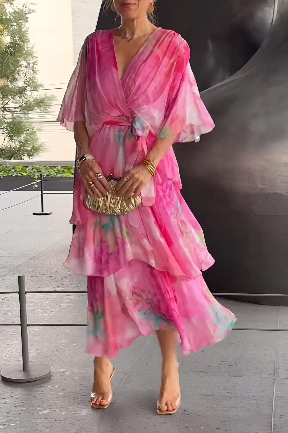 V-Neck Flutter Sleeve Watercolor Floral Tie Waist Tiered Maxi Dress