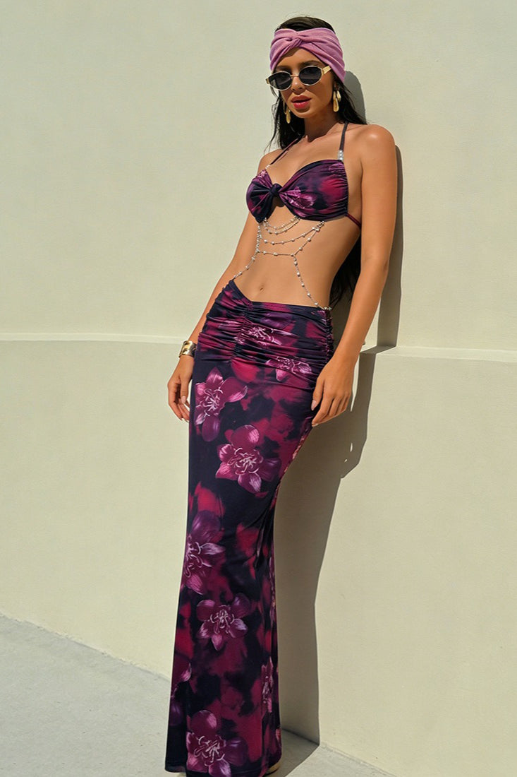Halter Bow Front Ruched Waist Marble Print Maxi Skirt Two Piece Set 5