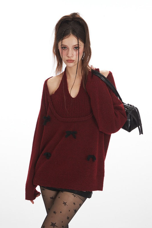 Bow Tie Halter UNeck Knit Top