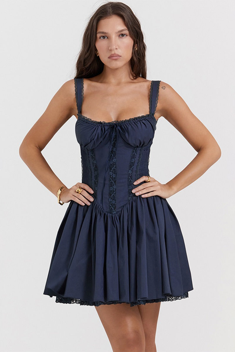 Spaghetti Strap Lace Trim Ballet Neck A-Line Mini Dress 3