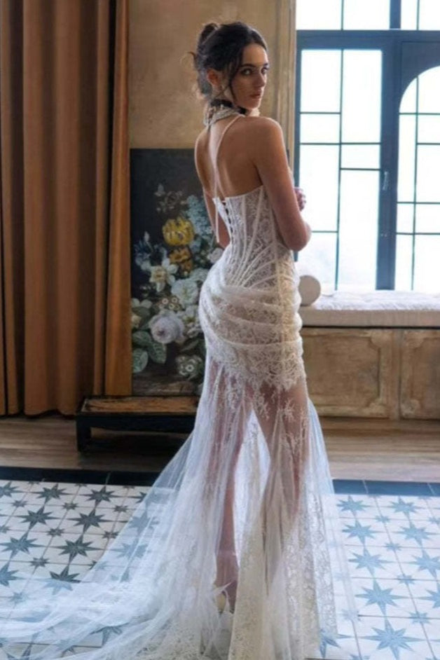 High-End Lace Sheer Paneled Corset Strapless Party Dress