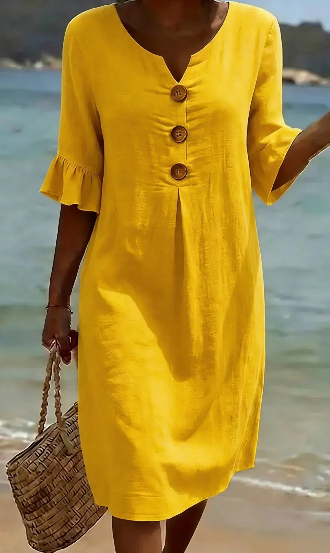 Notched Neck Wooden Button Ruffle Sleeve Shift Midi Dress