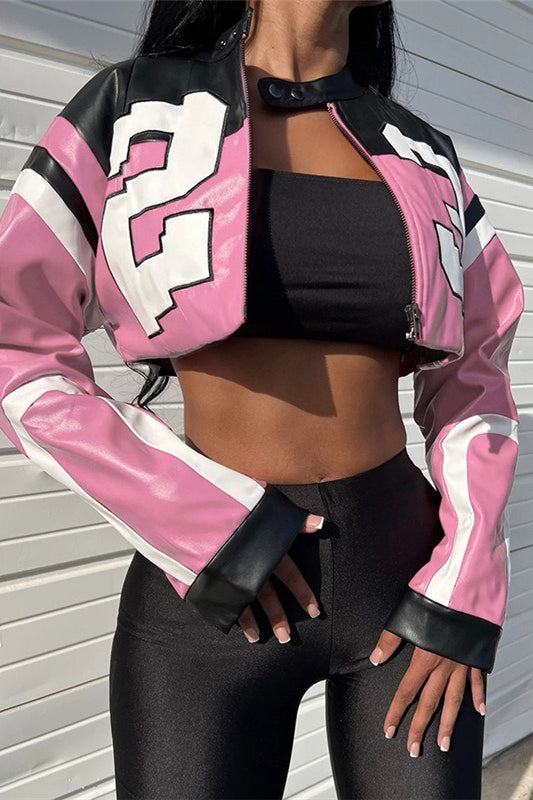 Color-Block Embroidered Slim Faux Leather Jacket