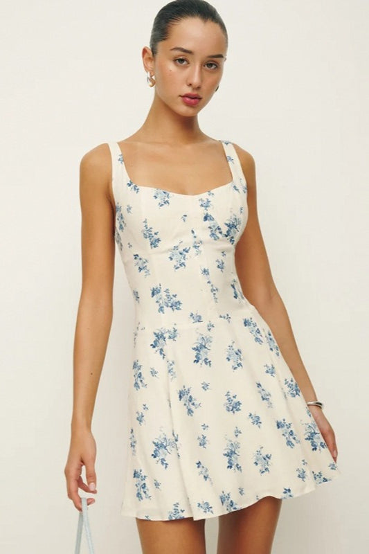 Wide Strap Sweetheart Toile Floral Print Fit and Flare Mini Dress
