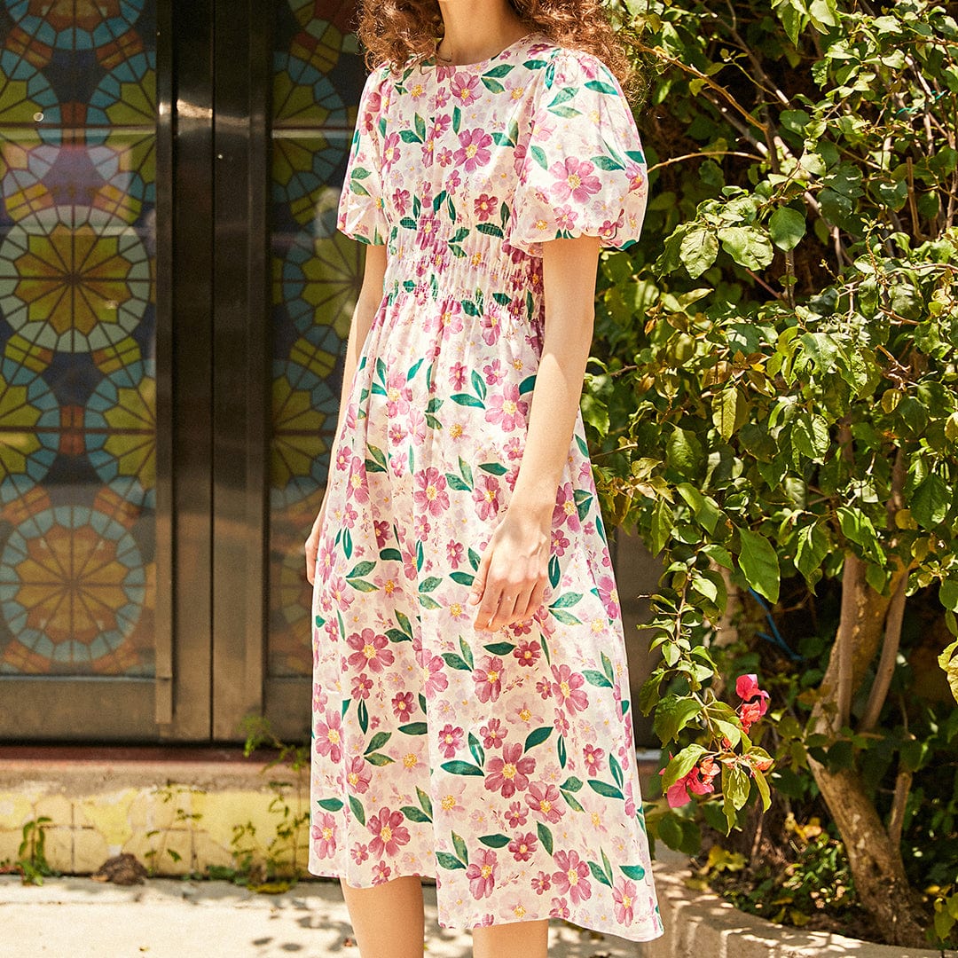 Pink Floral Print Smocked Waist Puff Sleeve Midi Dress