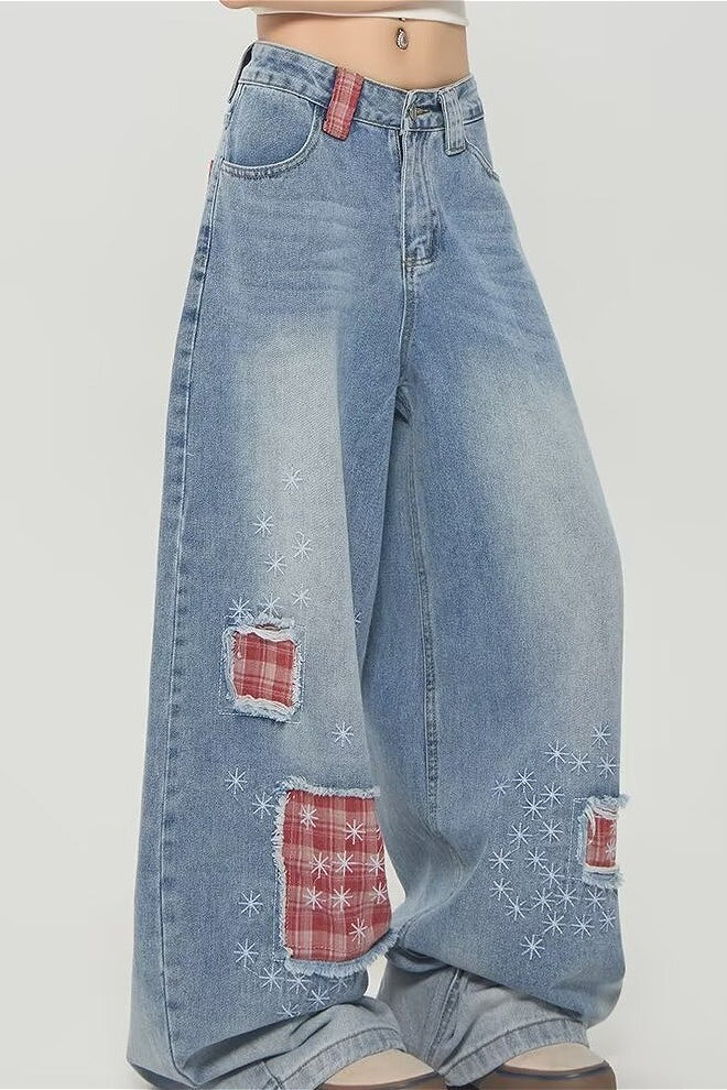 Vintage Plaid Patchwork Distressed Wide-Leg Jeans
