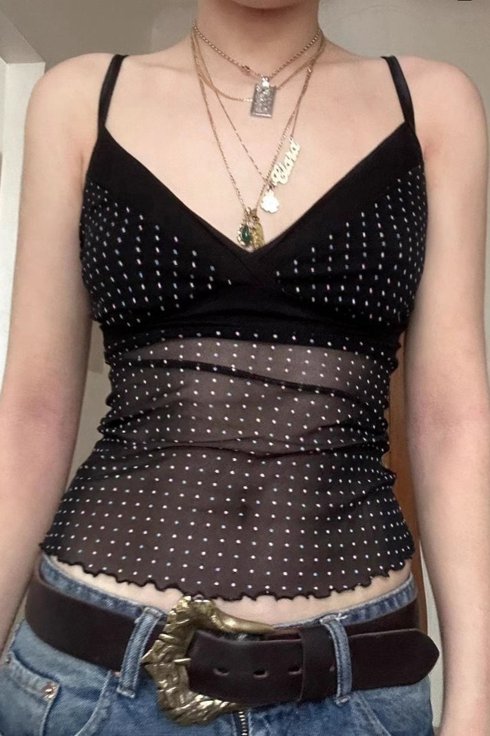 Sheer Polka Dot VNeck Halter Cami Crop Top