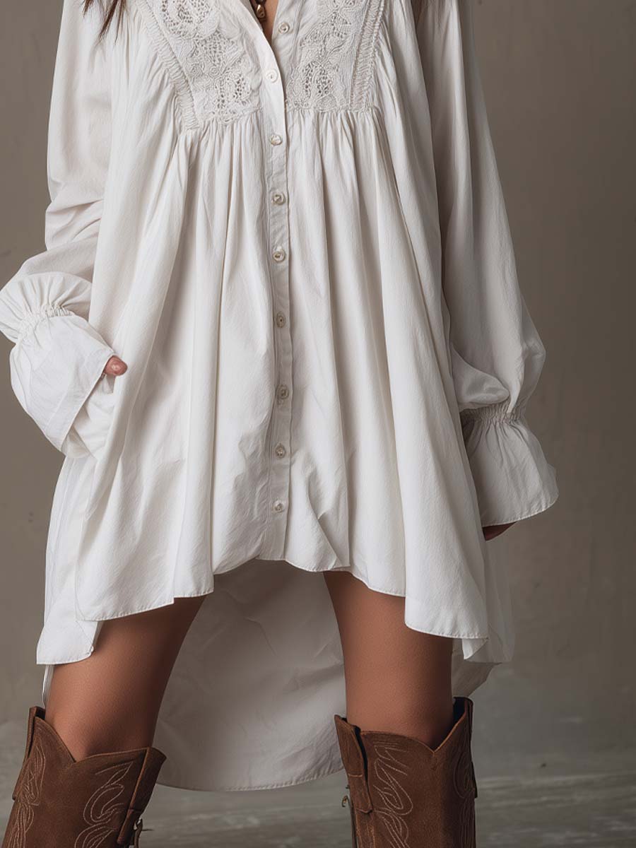 White Collared Lace Trim Button Front Long Sleeve Oversized Shirt Mini Dress 5