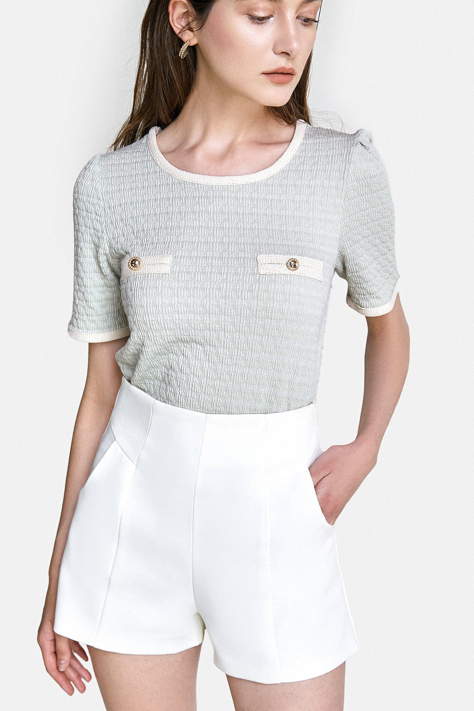 Light Green Textured Contrast Binding Short Sleeve Blouse