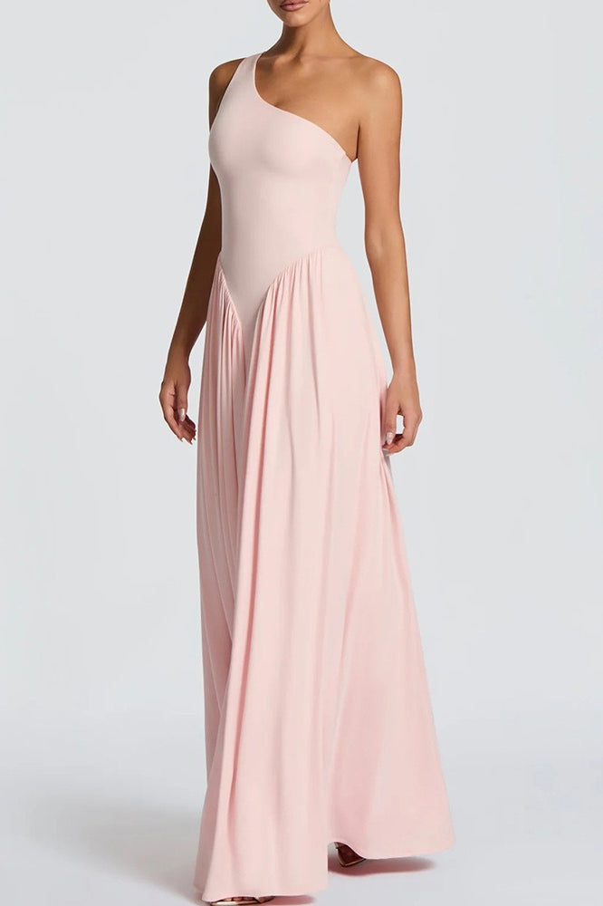 Solid One Shoulder Ruched Maxi A Line Party Dress