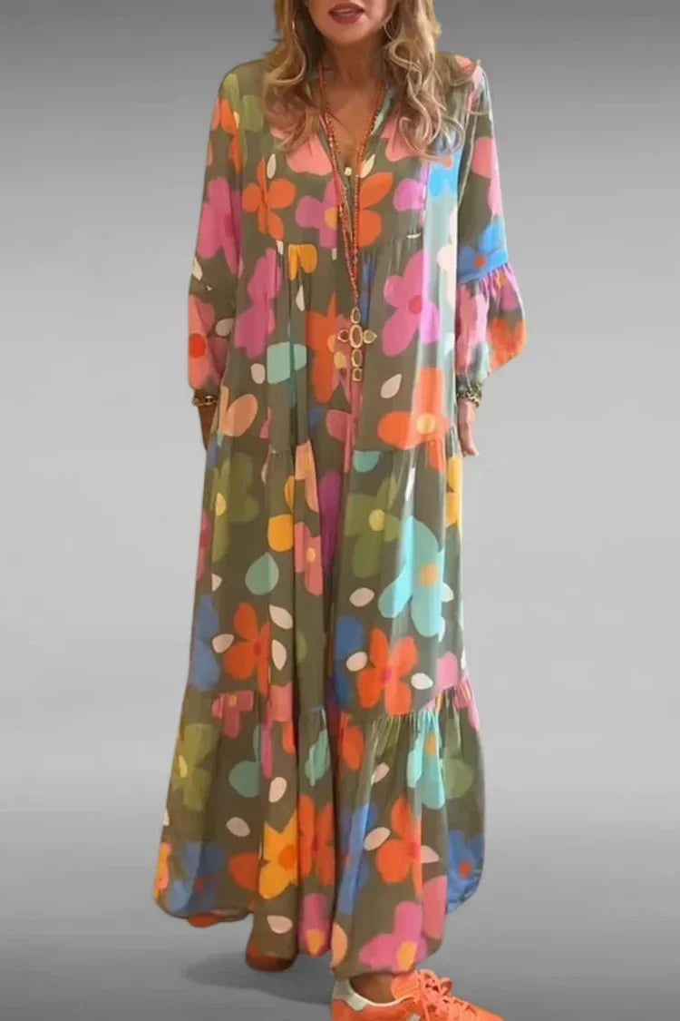 Green Long Balloon Sleeve Retro Floral Print Tiered Flowy Maxi Dress