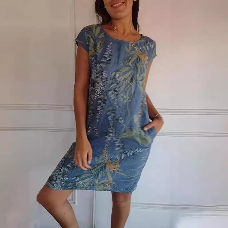 Round Neck Botanical Leaf Print Cap Sleeve Pocket Shift Mini Dress 2