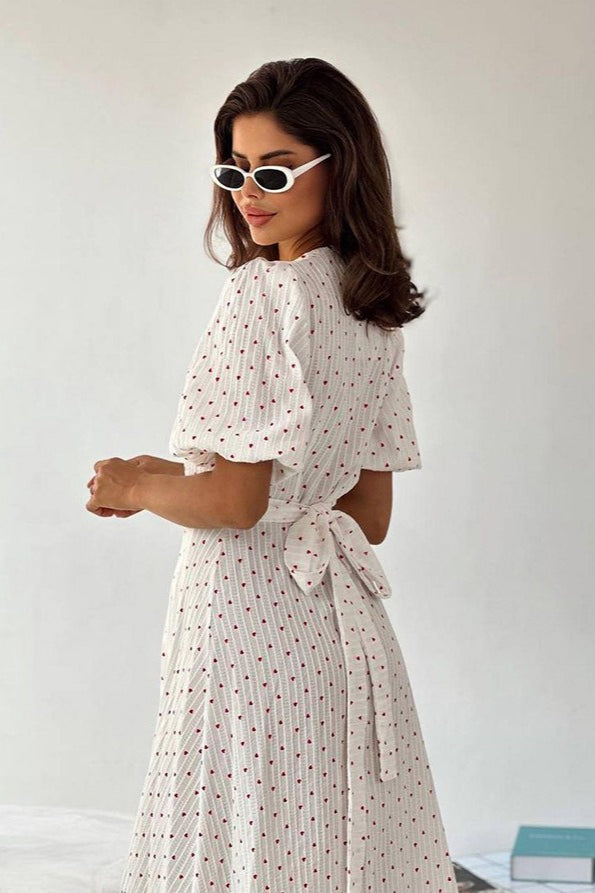 White Cotton Heart Print V-Neck Wrap Maxi Dress 2
