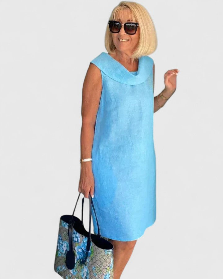 Cowl Neck Sleeveless Linen Shift Midi Dress