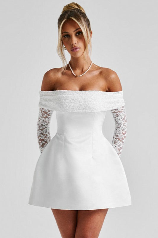 Lace Off Shoulder Long Sleeve A Line Party Dress