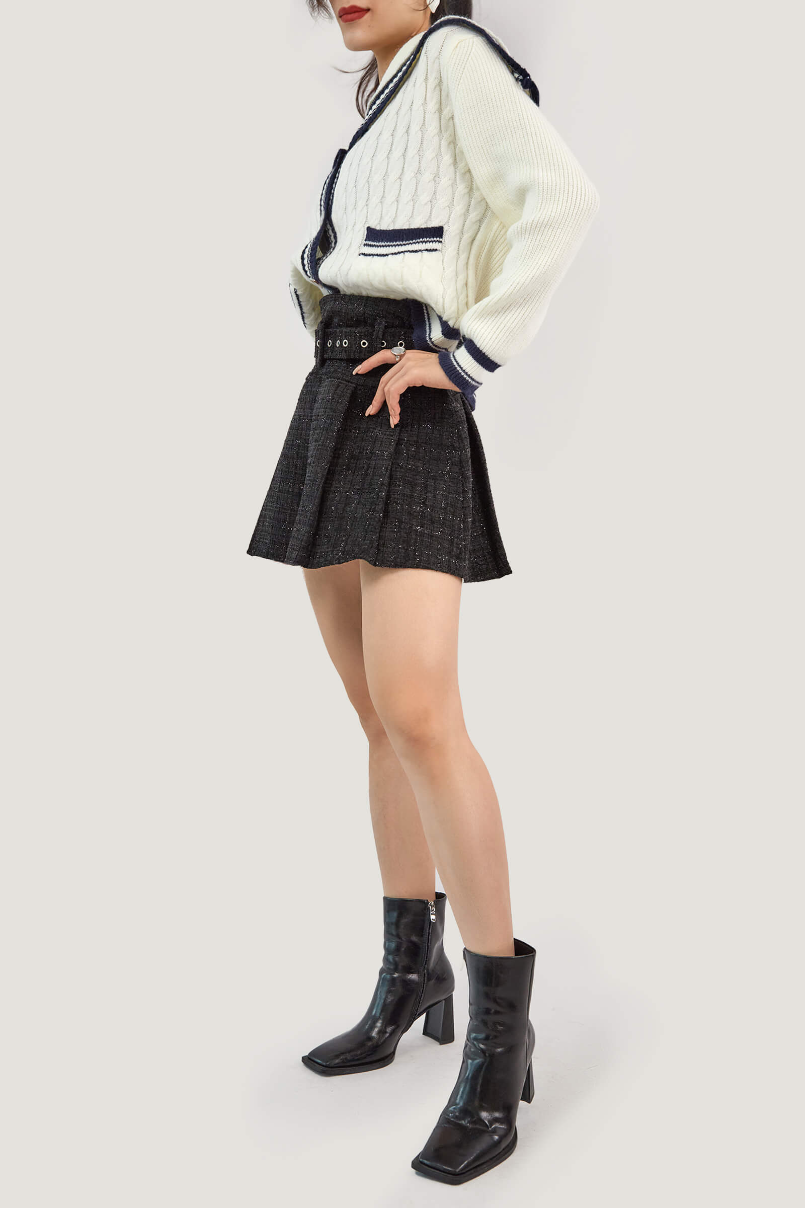 Ivory Sailor Collar Striped Trim Ribbed Cardigan