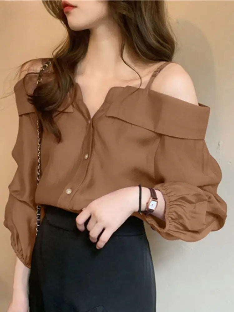 Sexy Off Shoulder Pleated Solid Blouse