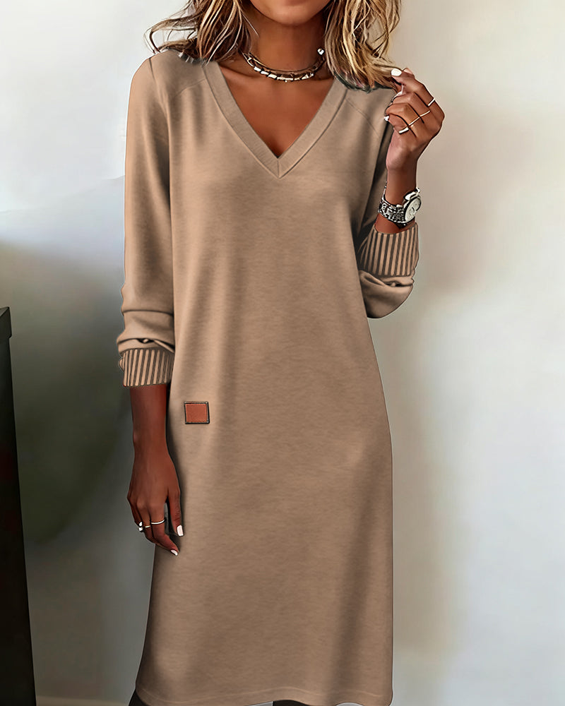 V-Neck Long Sleeve Ribbed Knit Shift Sweater Dress 3
