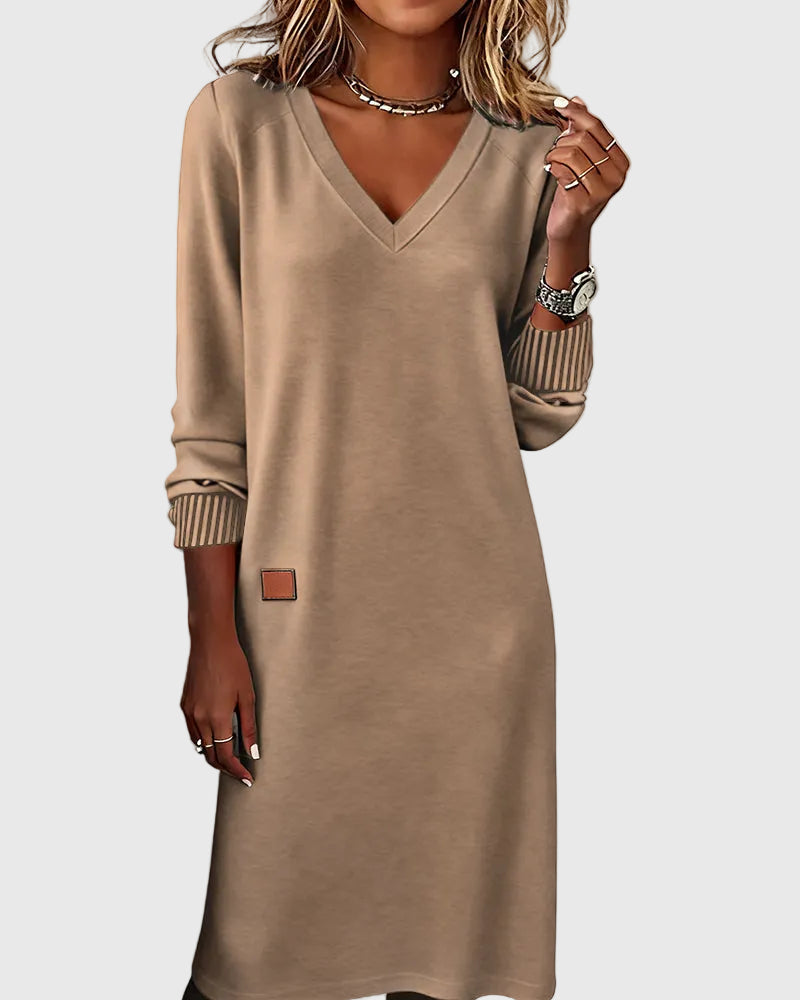 V-Neck Long Sleeve Ribbed Cuff Loose Sweatshirt Mini Dress 3