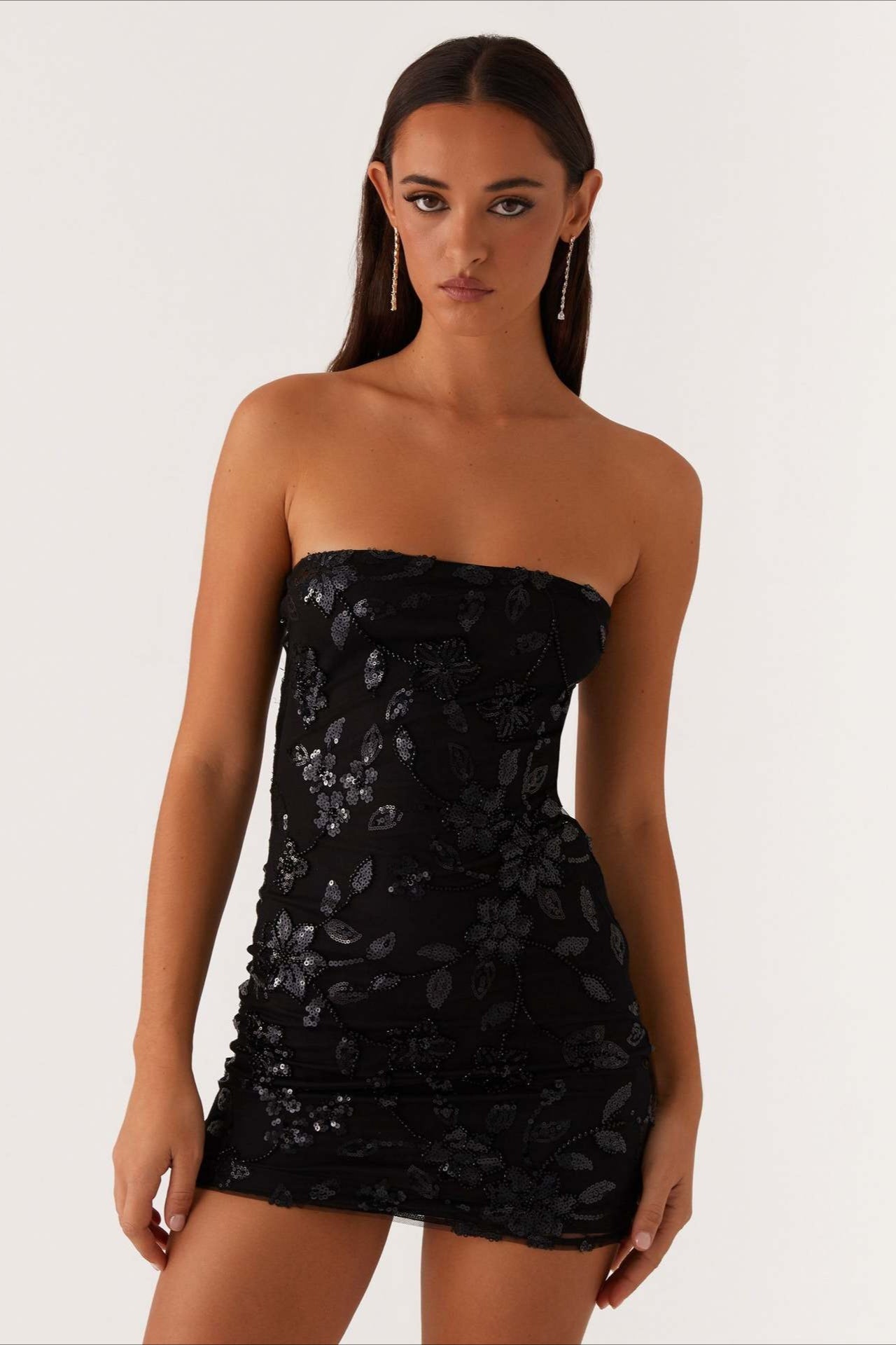 Strapless Sequin Floral Embroidered Mesh Bodycon Mini Dress 17