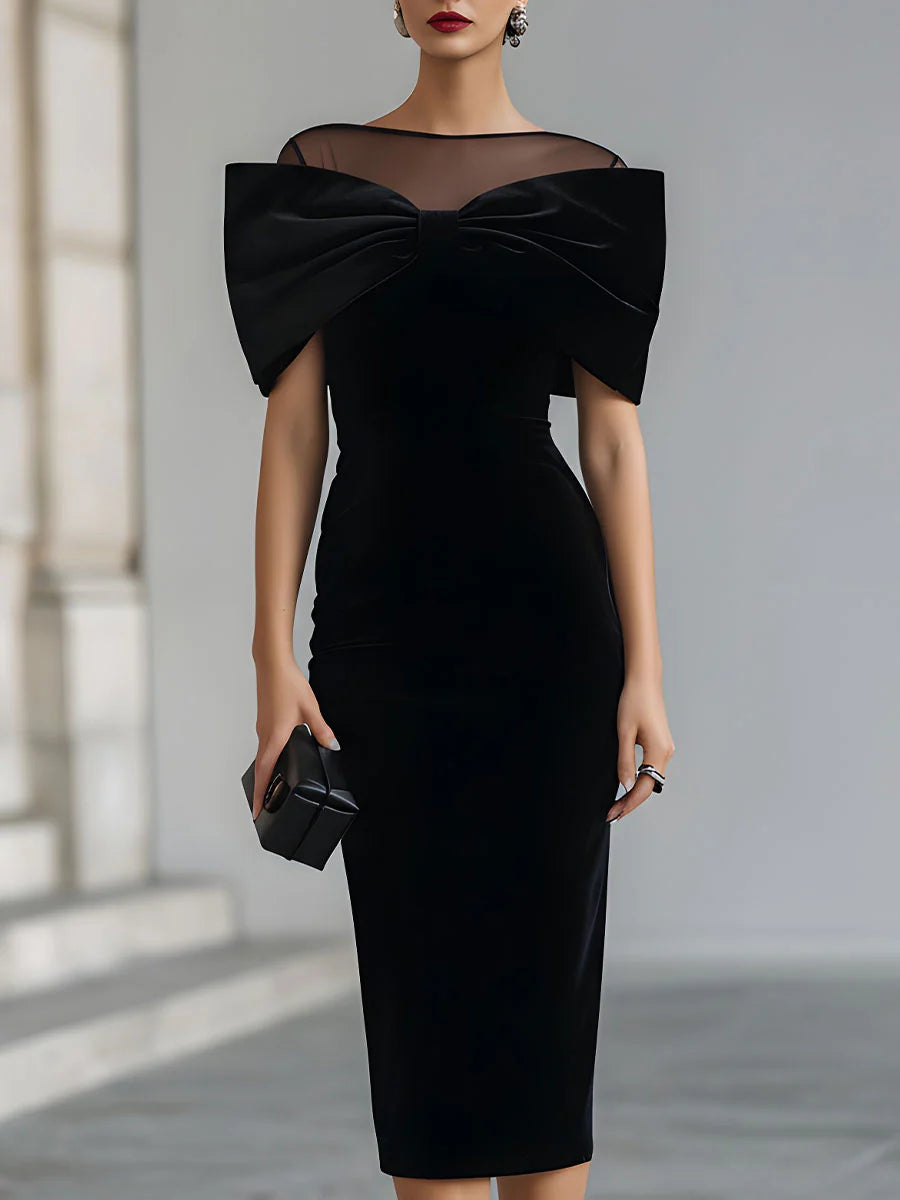Black Round Neck Velvet Mesh Illusion Bow Front Bodycon Midi Dress