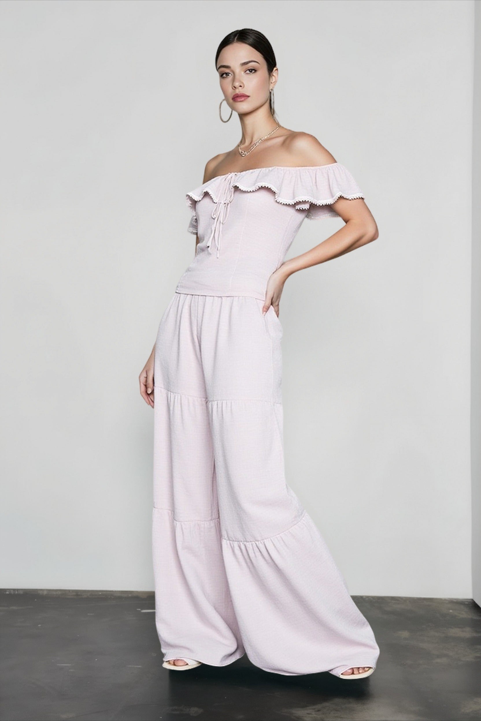 Ruffle off shoulder top pants vacation set