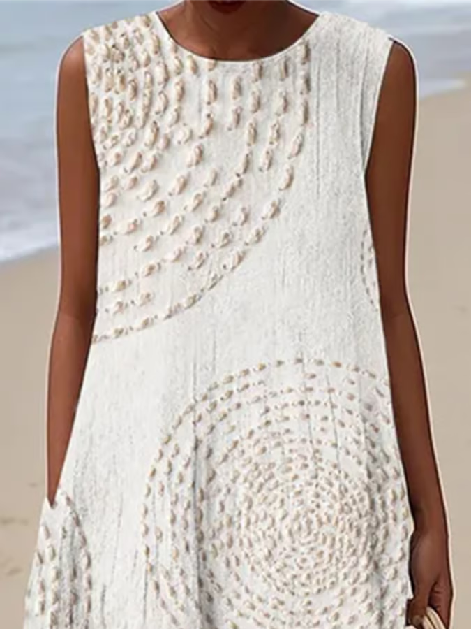 White Round Neck Abstract Print Sleeveless Pocket Cocoon Midi Dress