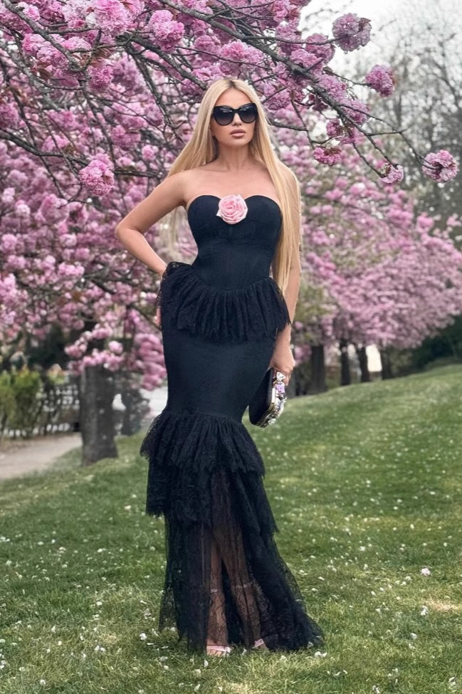 Black Lace Flower Halter Sheath Club Dress