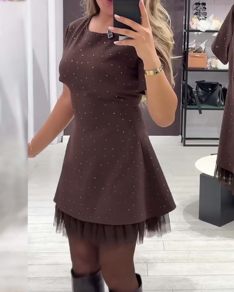 Round Neck Rhinestone Studded Short Sleeve Tulle Hem Flared Mini Dress 5