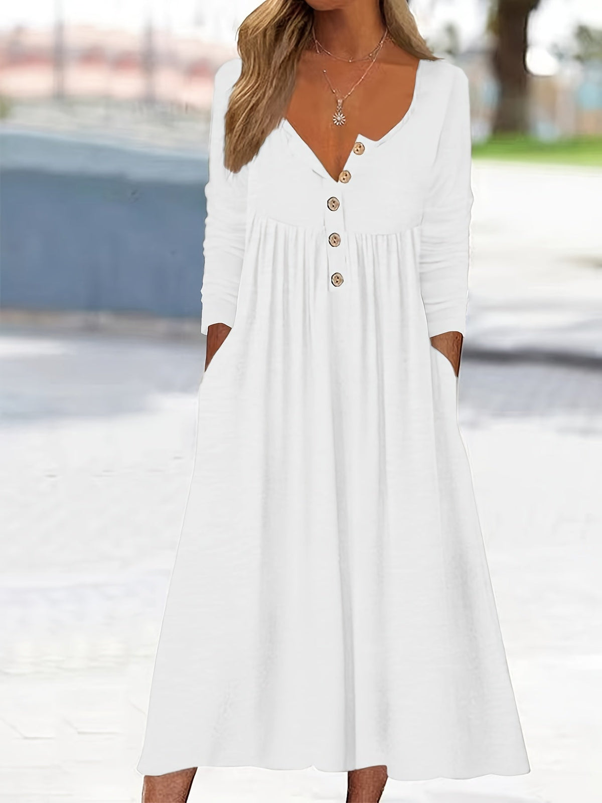 Henley Neck Button Front Long Sleeve Pocket A-Line Midi Dress