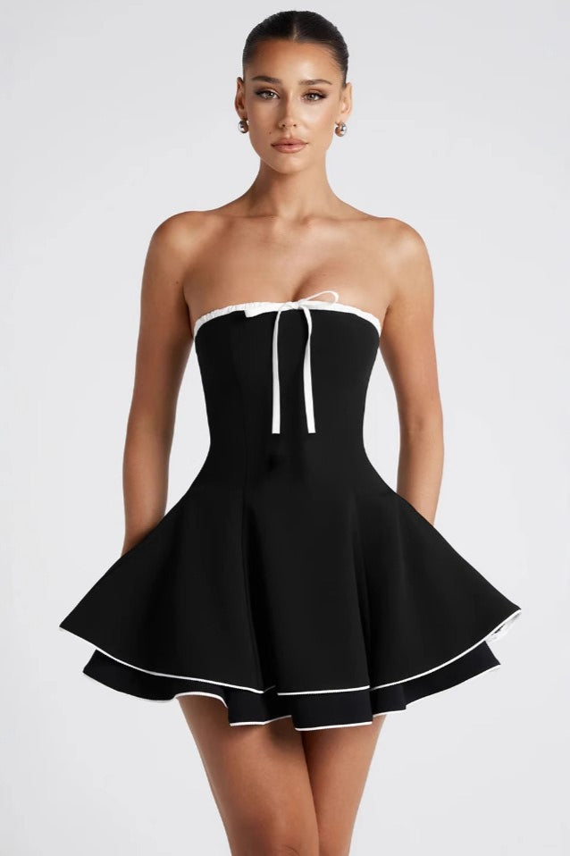 Black Contrast Bustier Lace-up Back Dress 2