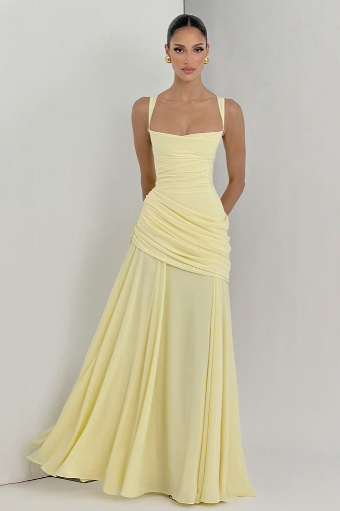 Solid Plunge Ruched Waist Backless Slip Dress