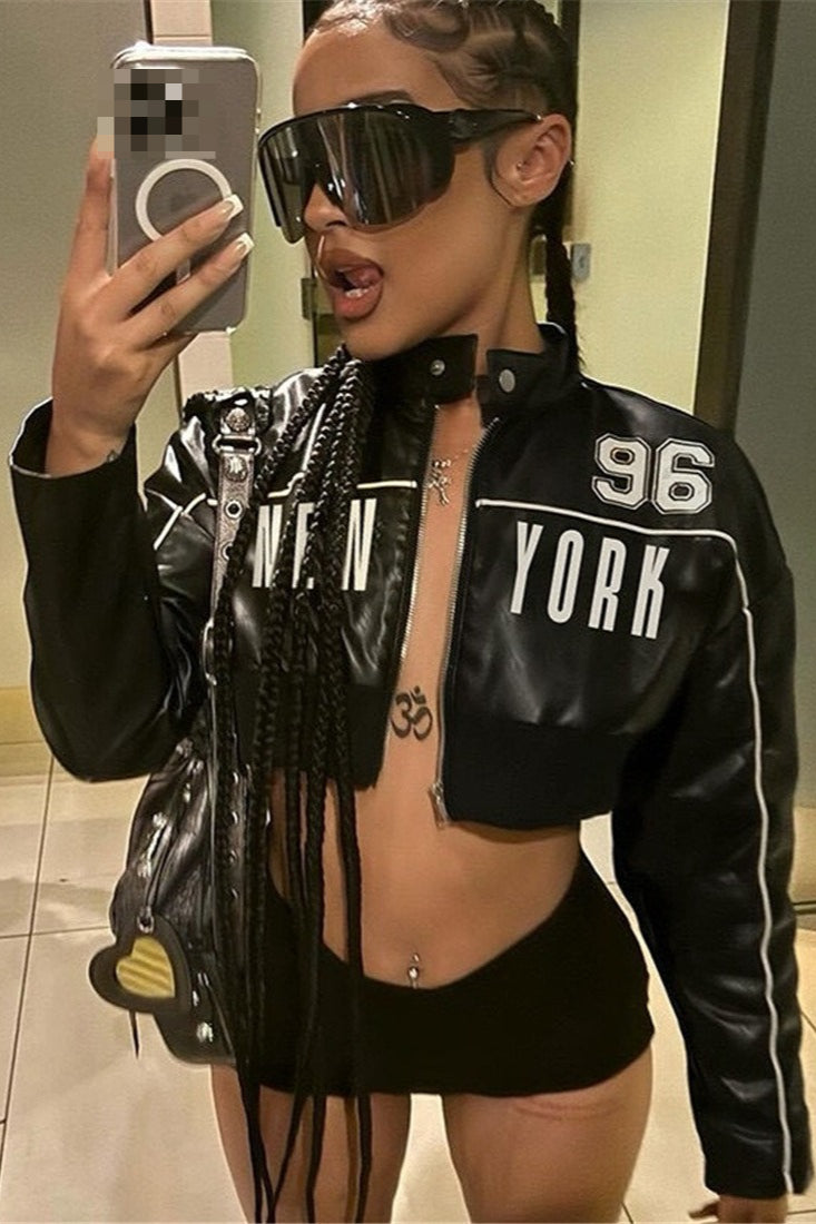 Slim Crop Zip Printed Panel Leather Jacket