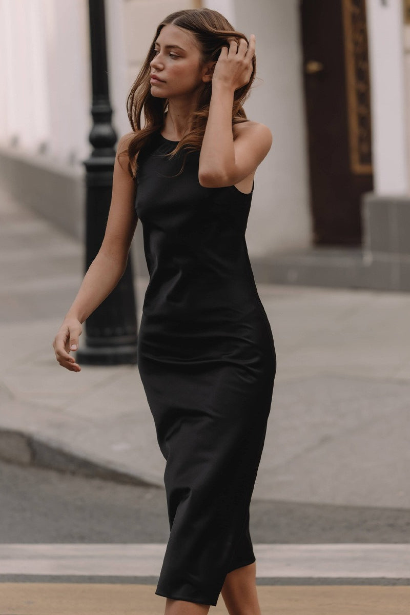 Black Satin Sleeveless Slip Dress