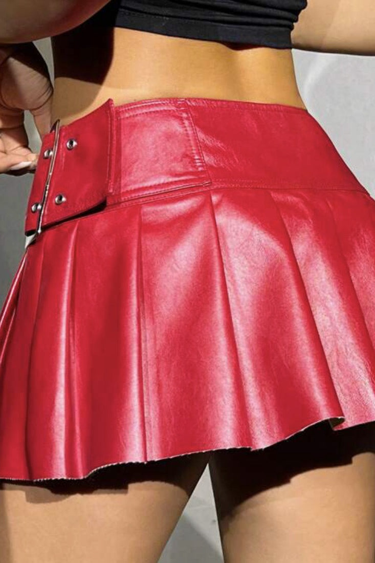 PU Leather Pleated High Waist Skirt