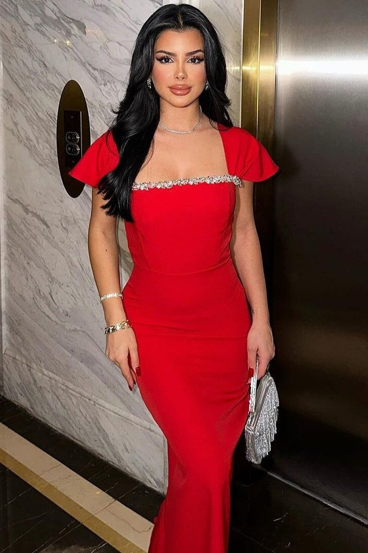 Bandage Water Drill Square Neck Party Dress