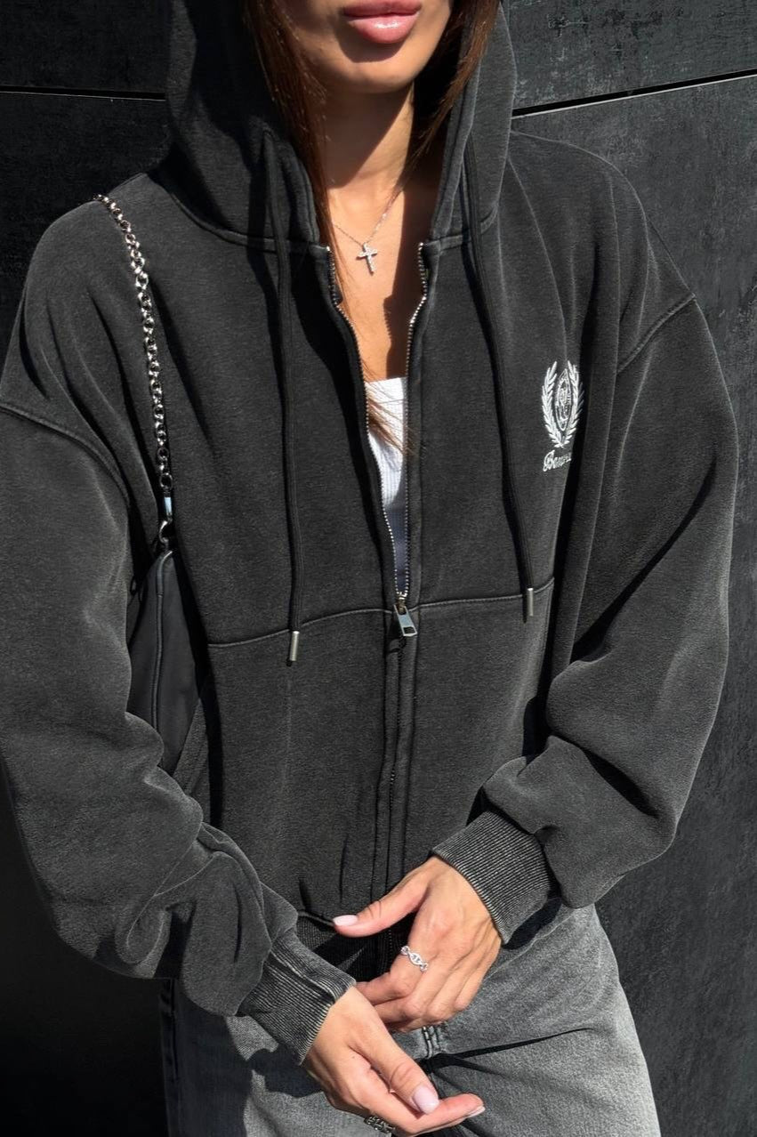 Washed Vintage Zip-Up Letter Embroidery Hoodie