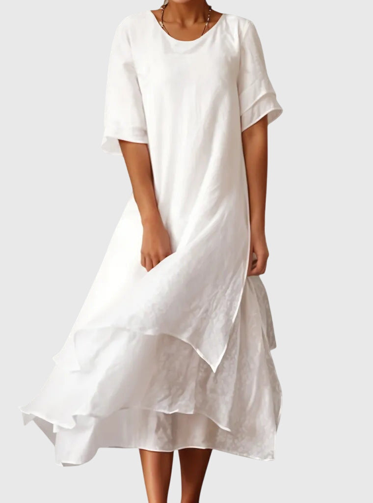 Round Neck Satin Layered Ruffle Short Sleeve Flowy Midi Dress
