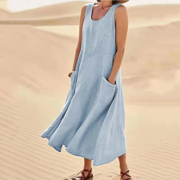 Round Neck Sleeveless Linen Pocket A-Line Midi Dress 2