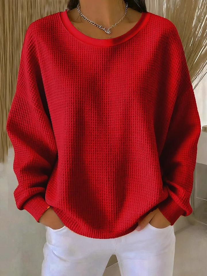 Round Neck Waffle Knit Long Sleeve Drop Shoulder Sweater 9
