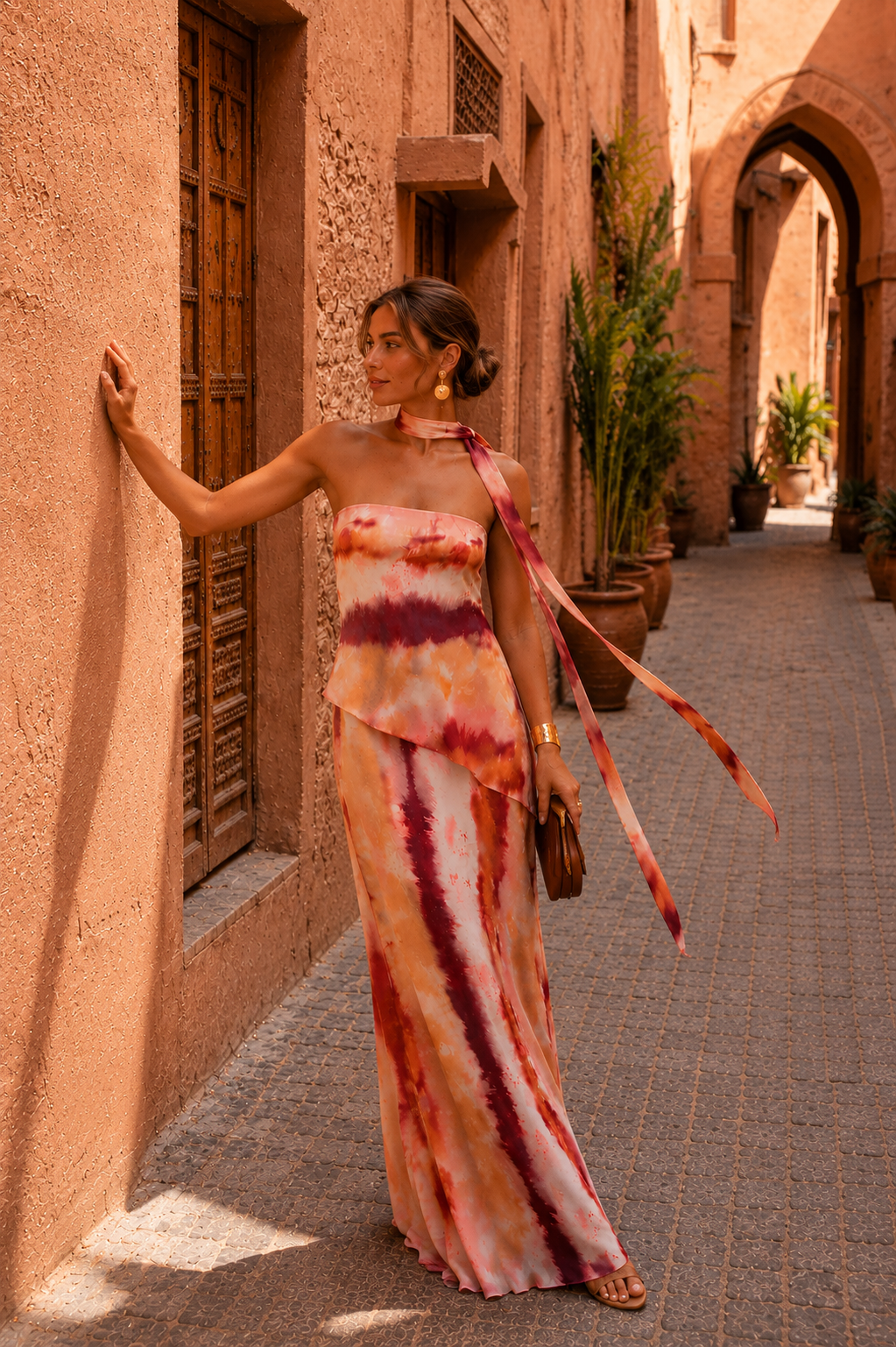 Strapless Neck Tie Tie-Dye Satin Asymmetric Tiered Maxi Dress 2