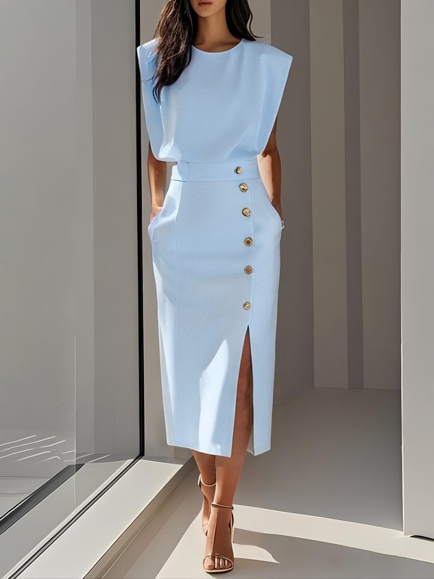 Round Neck Sleeveless Button Slit Sheath Midi Dress