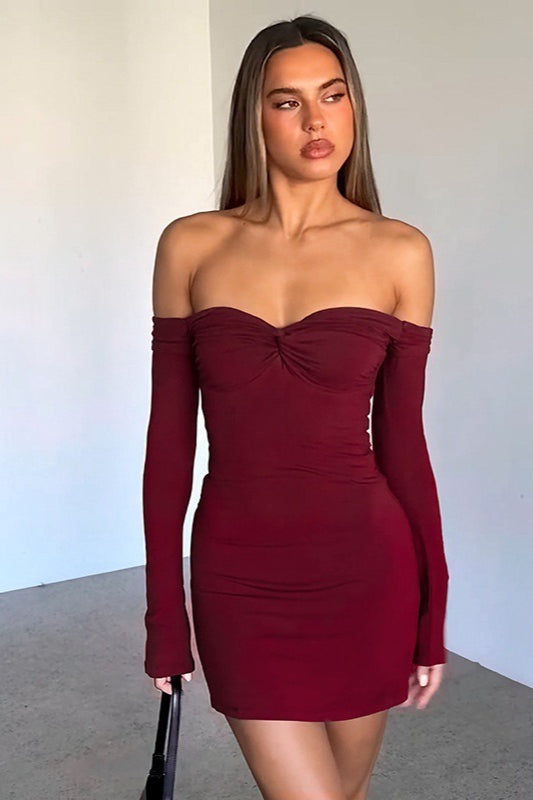 Solid OffShoulder Low Cut Ruched High Waist Elegant Cocktail Dress