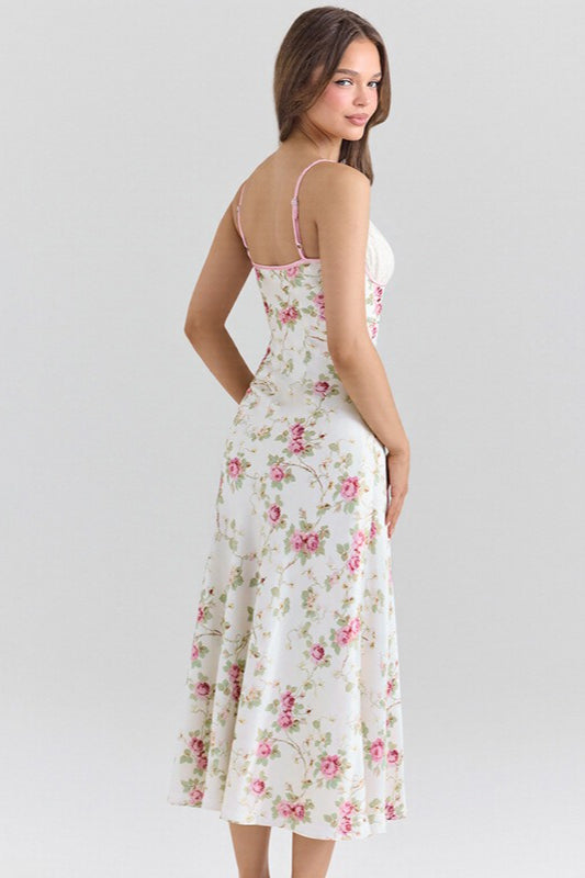 Pink Spaghetti Strap Deep V Lace Cup Floral Print Bodycon Maxi Dress 7