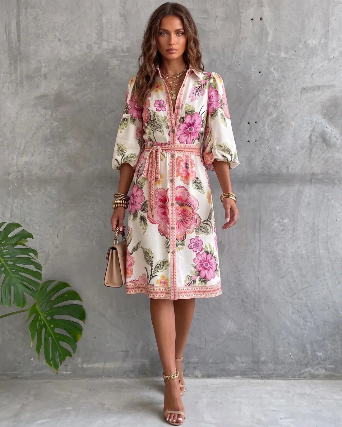 Pink Collared Floral Puff Sleeve Belted Button-Front Shirt Midi Dress