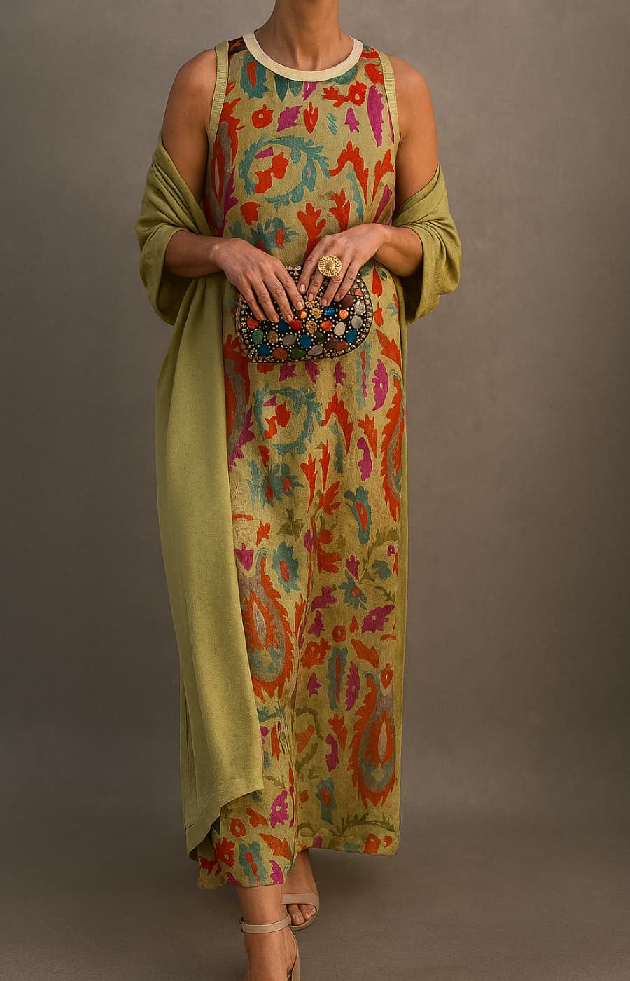 Round Neck Sleeveless Paisley Floral Print Straight Maxi Dress