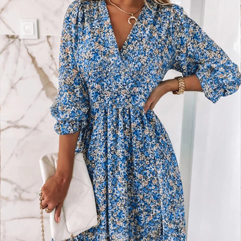 V-Neck Flared Sleeve Ditsy Floral Smocked Waist Ruffle Mini Dress 4