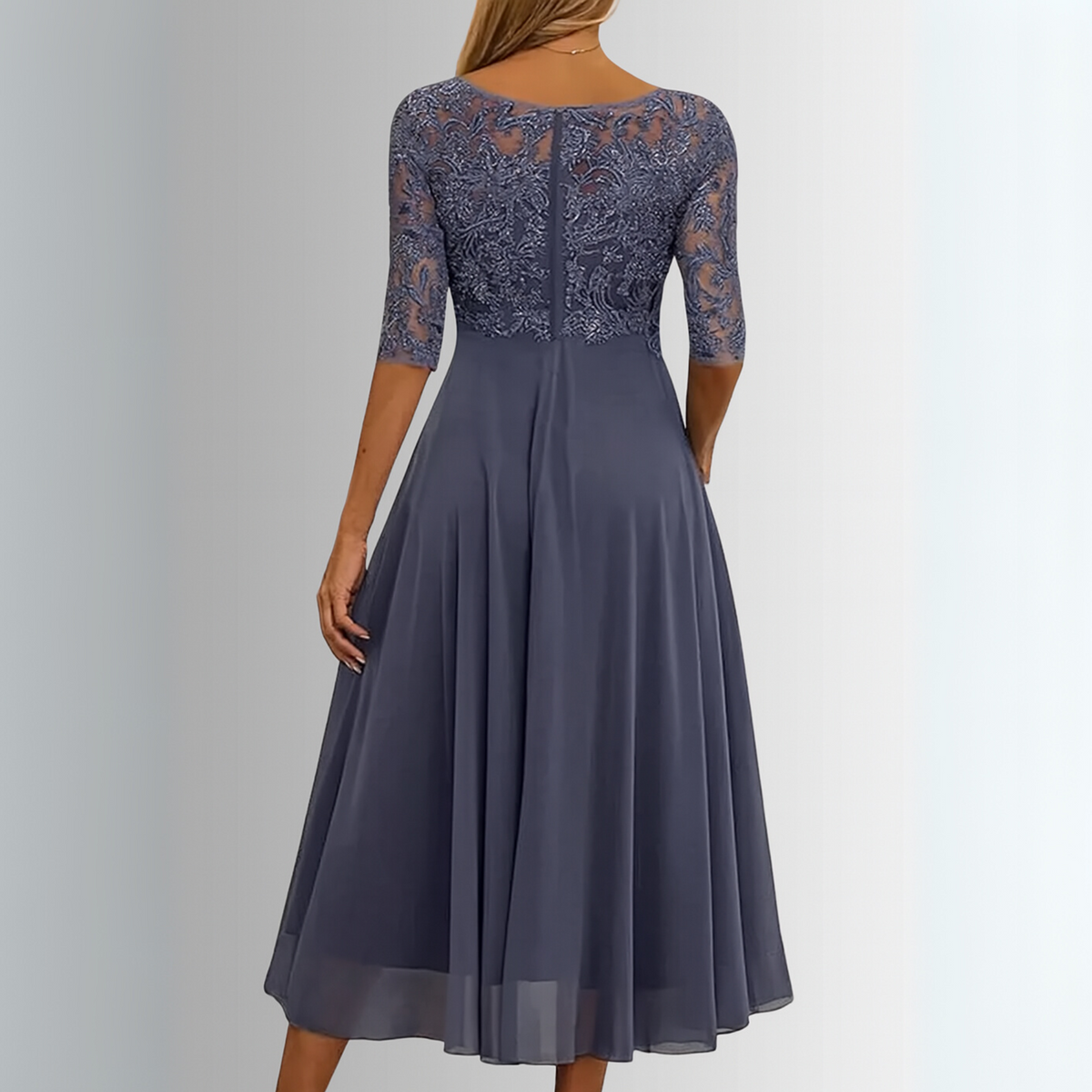 Round Neck Lace Bodice Illusion Half Sleeve Chiffon A-Line Maxi Dress