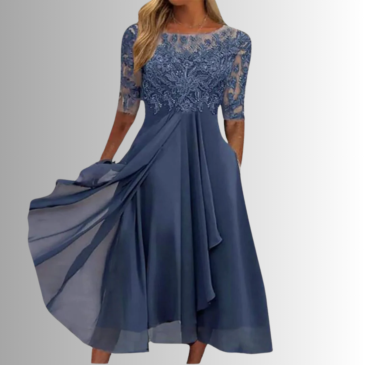 Round Neck Lace Embroidered Chiffon Half Sleeve A-Line Maxi Dress