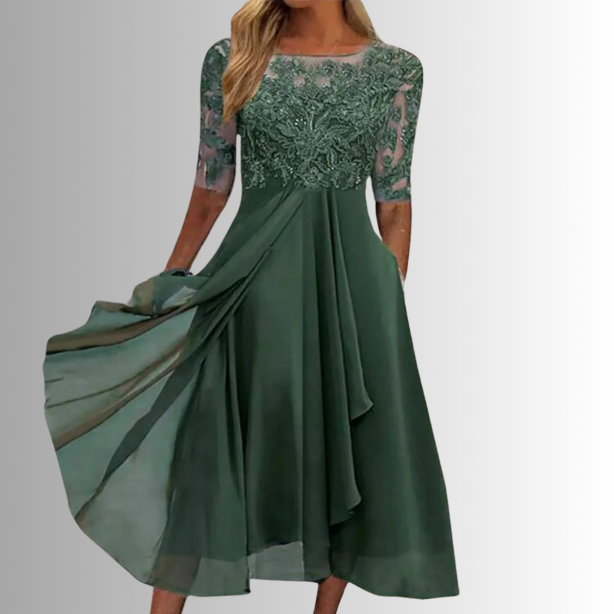 Round Neck Lace Bodice Illusion Half Sleeve Chiffon A-Line Maxi Dress
